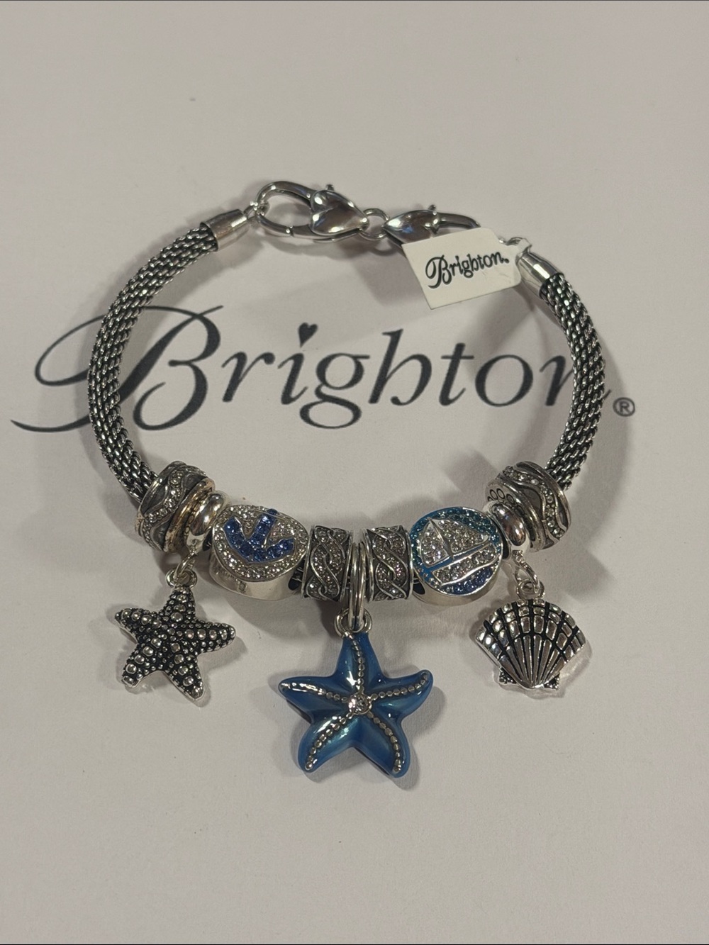 🌊⛴️NWT Brighton SWAROVSKI CRYSTAL Blue Starfish, Anchor, Sailboat CHARM BRACELET